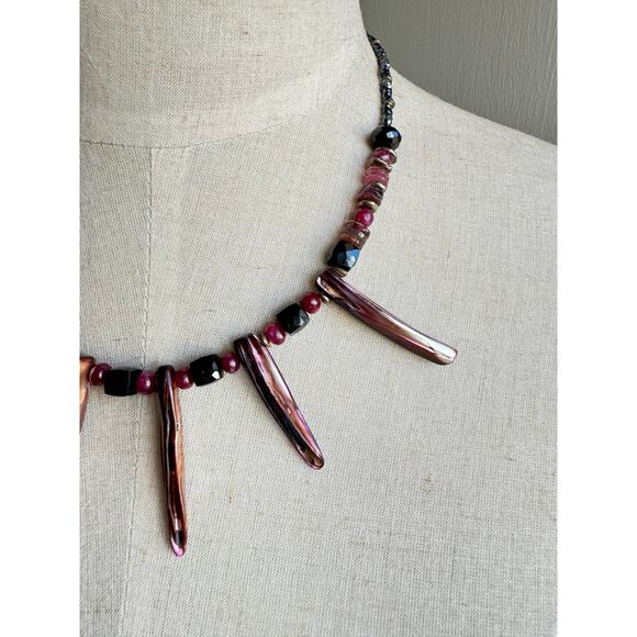 Ruby Garnet Pink Tourmaline Abalone Claw Black Spinel Beaded Necklace - Picture 2 of 7